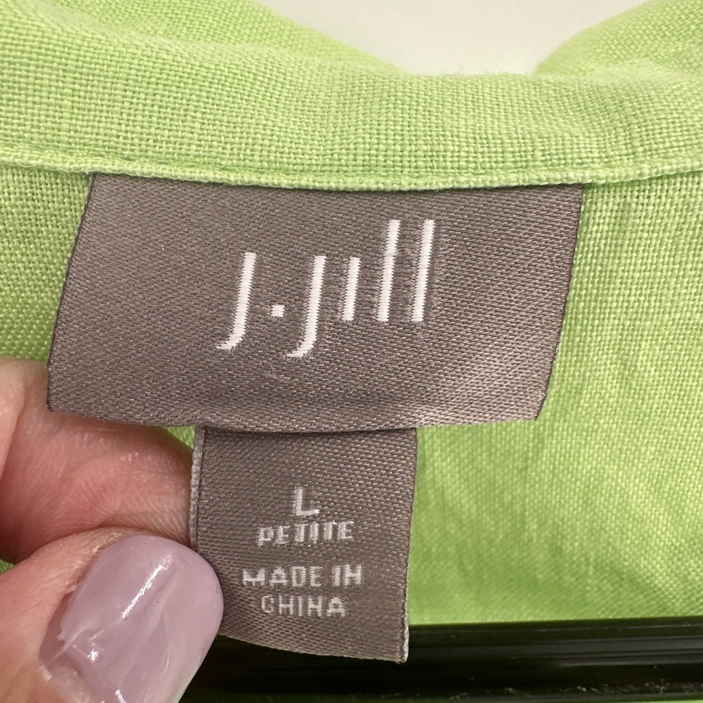 J. Jill Womens Linen Button Down Shirt Large Petite Green Lagenlook Coastal - Picture 2 of 8